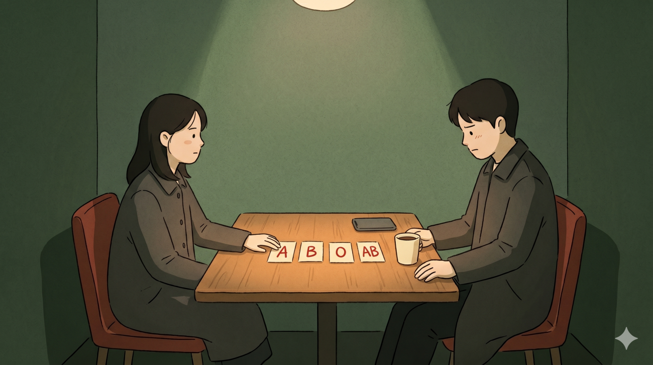 Korean blood type personality shown through a young Korean café conversation where one person hesitates after being asked about blood type.