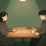 Korean blood type personality shown through a young Korean café conversation where one person hesitates after being asked about blood type.