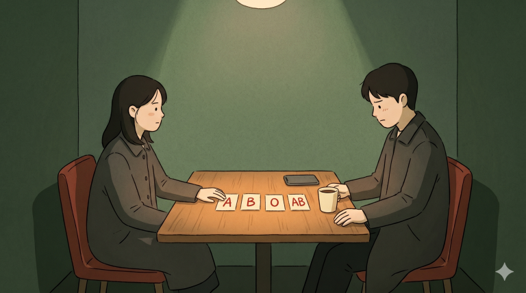 Korean blood type personality shown through a young Korean café conversation where one person hesitates after being asked about blood type.