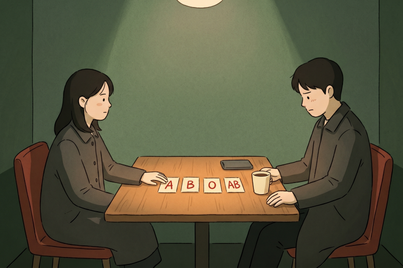 Korean blood type personality shown through a young Korean café conversation where one person hesitates after being asked about blood type.