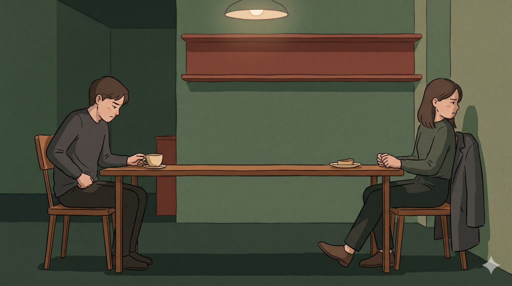 Korean blood type personality reflected in a quiet dating moment across a small café table.
