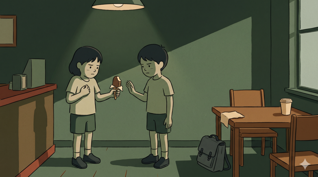 Korean blood type personality shown through two children pausing before sharing an ice cream.