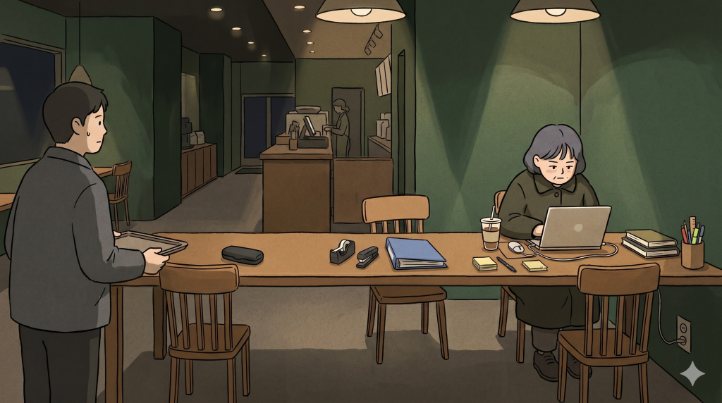 Korean Cafe Culture captured in a quiet cagongjok scene with a laptop, coffee, and shared table tension.