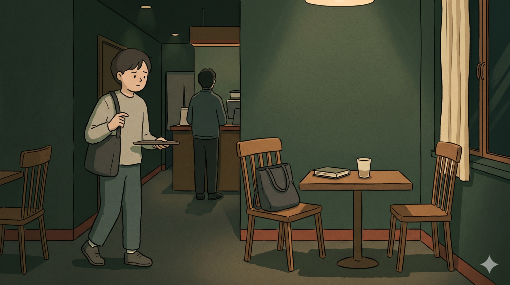 Korean Cafe Culture shown through a seat-saving bag on a cafe table that quietly confuses a foreign visitor.