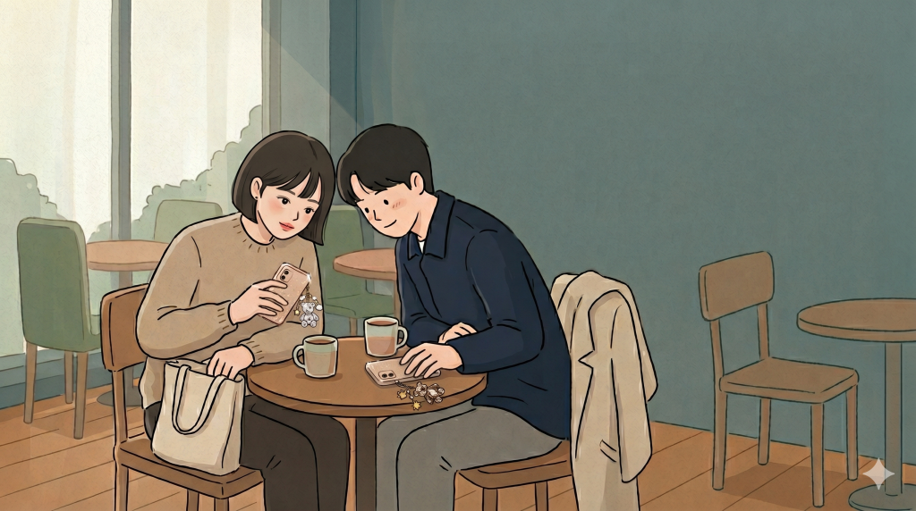 Korean Couple Look shown through two matching phone cases held by a young couple.
