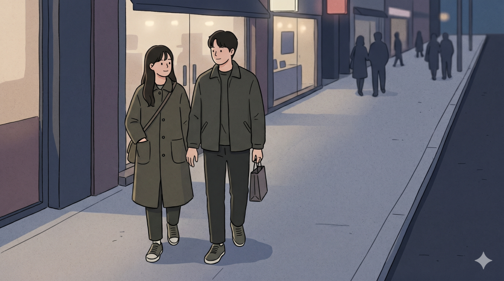 Korean Couple Look expressed quietly through similar colors and couple rings on a city street.