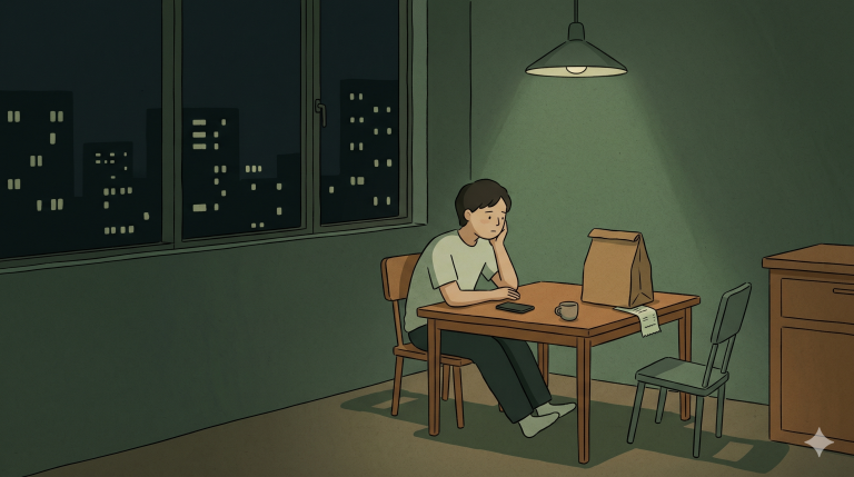 Korean delivery culture shown through a quiet food delivery moment at night.