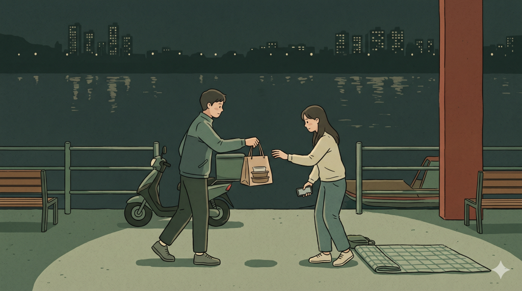 Korean delivery culture shown through food being received near a Han River pickup spot.