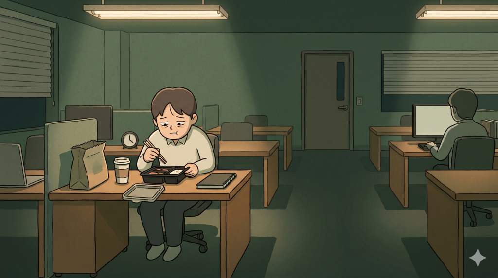 Korean delivery culture shown through a quiet office lunch during a short break.