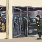 A korean pc bang cover illustration showing a quiet dawn entrance with monitor glow inside.