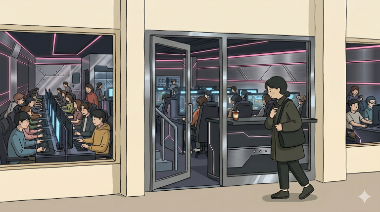 A korean pc bang cover illustration showing a quiet dawn entrance with monitor glow inside.