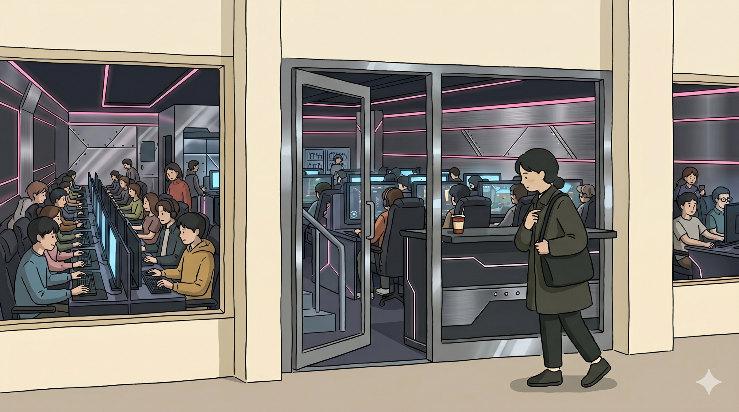 A korean pc bang cover illustration showing a quiet dawn entrance with monitor glow inside.
