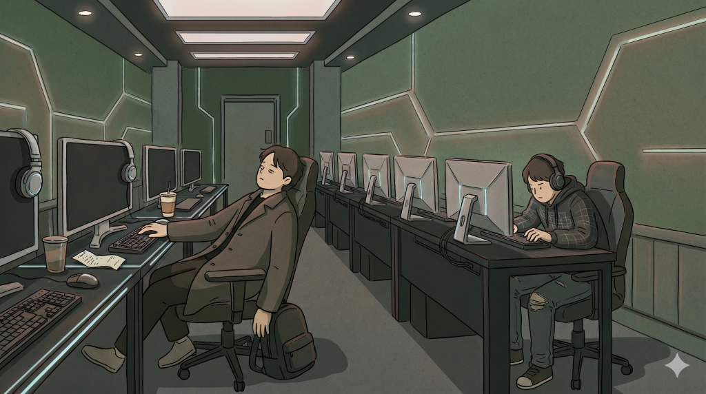 A muted illustration of a korean pc bang where two people sit apart in a late-night gaming room after the last train is gone.