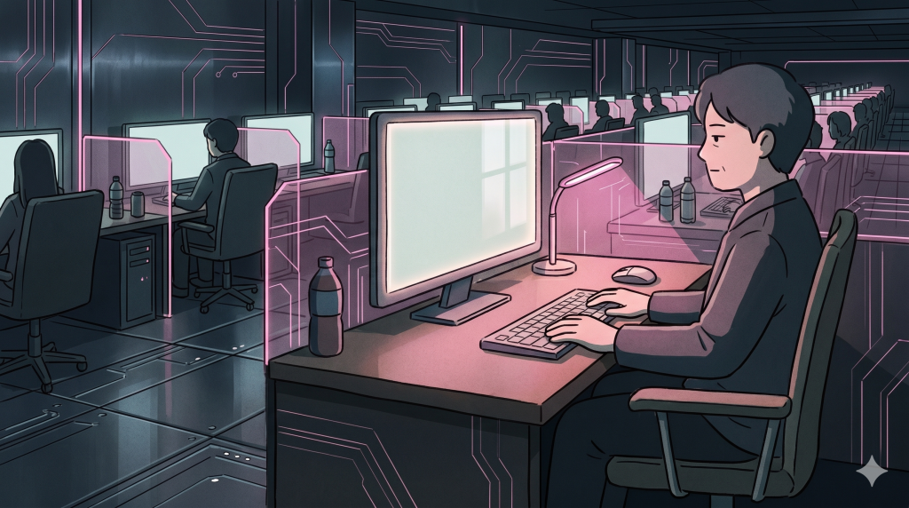 A quiet modern korean pc bang booth where one adult sits alone in a cleaner, calmer gaming space.