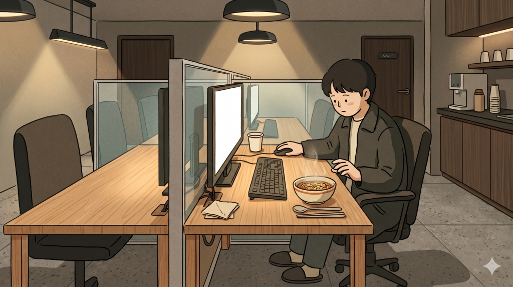 A korean pc bang desk with a steaming bowl of ramyeon beside a keyboard, showing how food becomes part of the experience.
