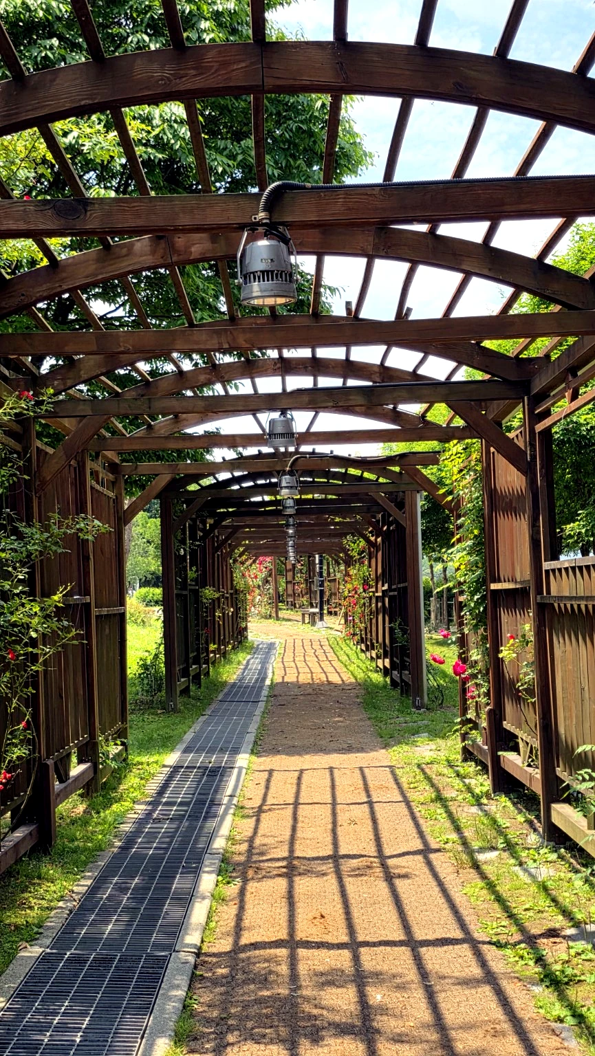 Flower-lined uphill walking trail and stone steps inside the former quarry park.
