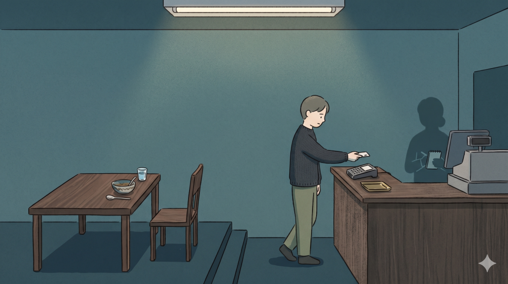 A customer paying at a restaurant counter, showing the normal payment flow behind tipping in Korea.