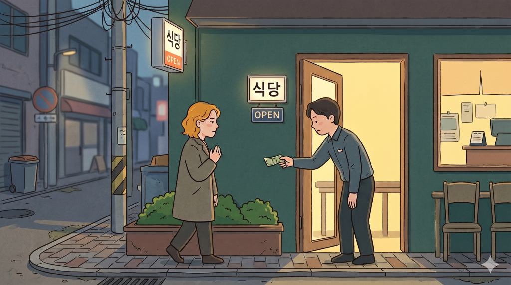 A restaurant employee returning small cash to a foreign customer, showing why tipping in Korea can be misunderstood.