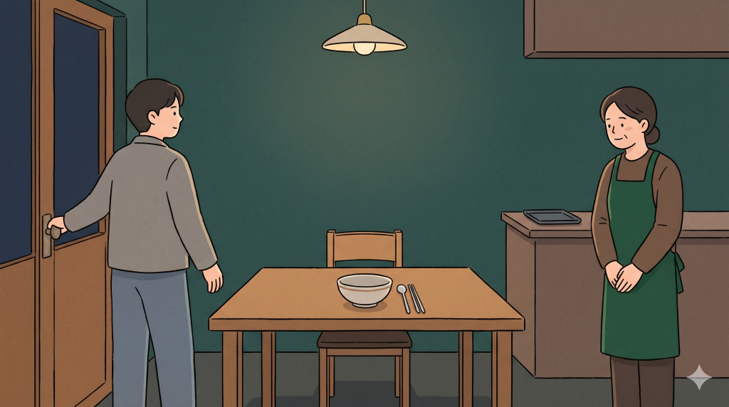 A customer thanking a restaurant owner after a meal, showing a natural alternative to tipping in Korea.