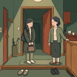 Ajumma meaning shown through a Korean apartment doorway where a young visitor greets a friend’s mother.