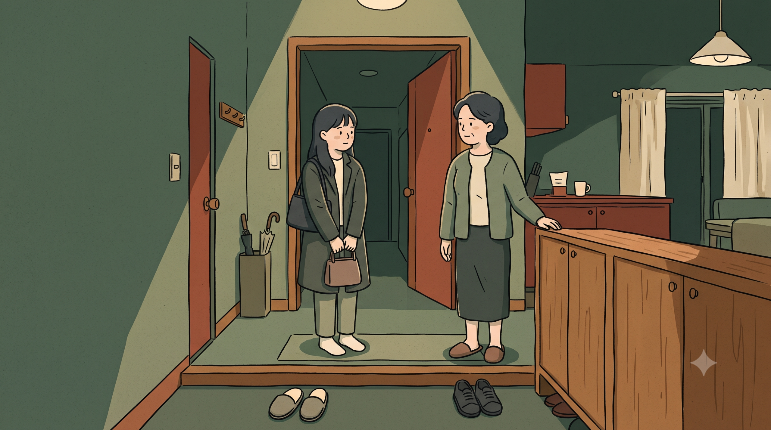 Ajumma meaning shown through a Korean apartment doorway where a young visitor greets a friend’s mother.