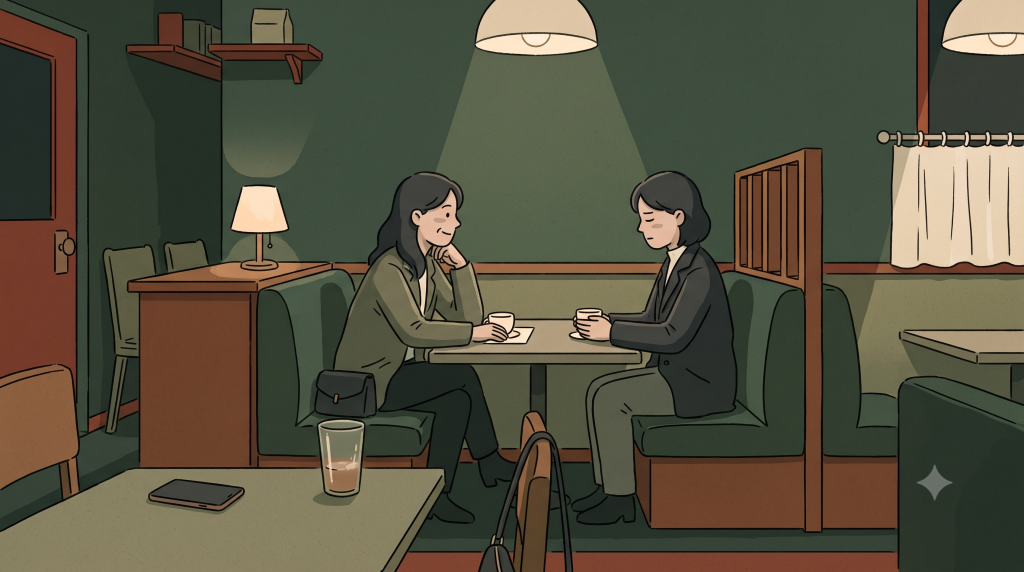 Ajumma meaning changes when one woman uses the word toward a peer during an uncomfortable café conversation.