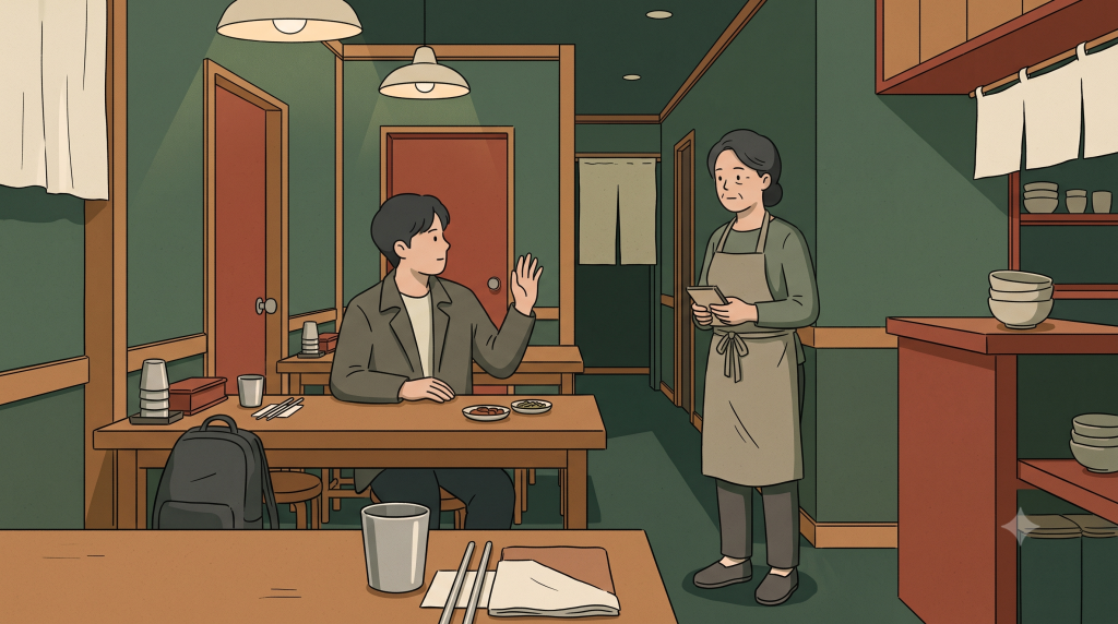Ajumma meaning in a Korean restaurant where a customer calls to a middle-aged server near a wooden table.