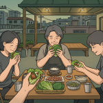 Ssam Culture shown through three diners holding differently filled lettuce and perilla wraps above a Korean rooftop dinner table.