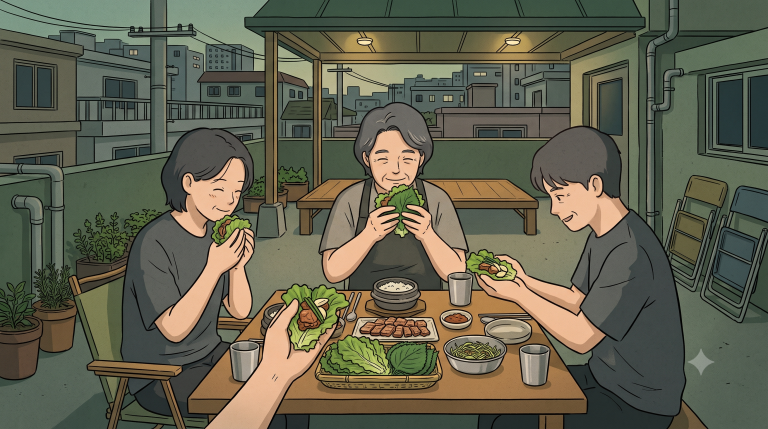 Ssam Culture shown through three diners holding differently filled lettuce and perilla wraps above a Korean rooftop dinner table.
