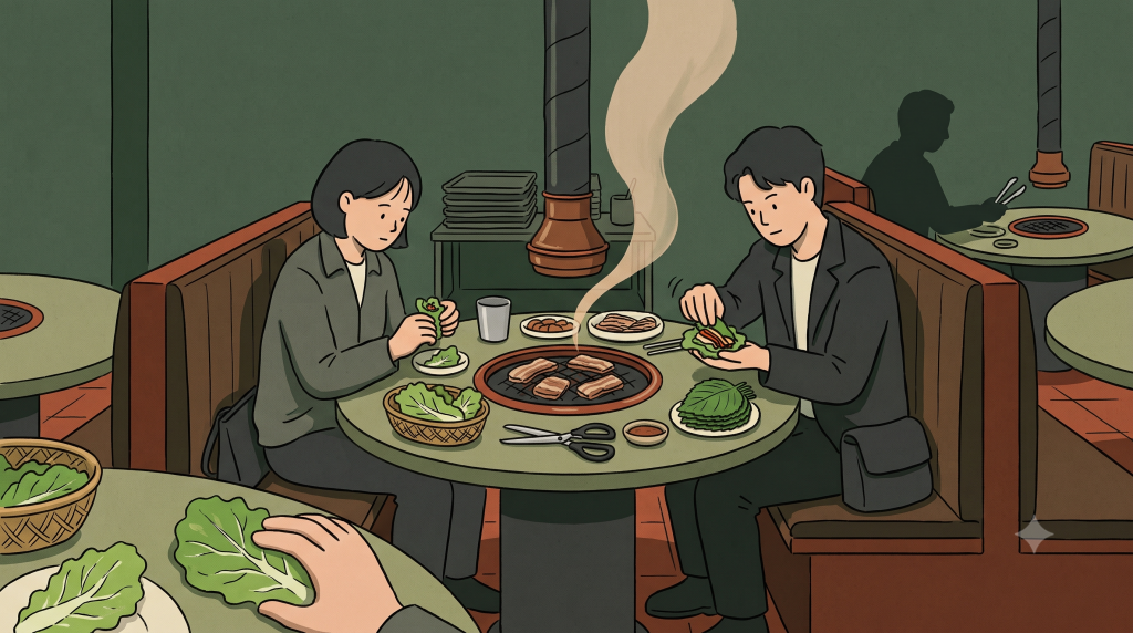 Ssam Culture at a Korean BBQ table as two diners build different wraps with lettuce, perilla, rice, meat, and sauce.