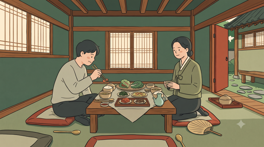 Ssam Culture in a hanok dining room as a foreign visitor carefully divides a large wrap while a Korean host watches.