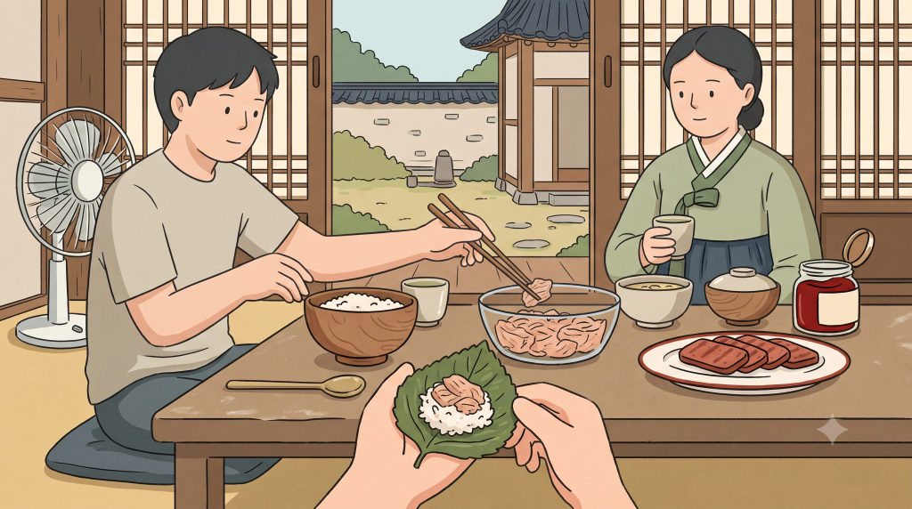 Ssam Culture at home with rice, canned tuna, grilled Spam, perilla leaves, and gochujang arranged for a simple meal.