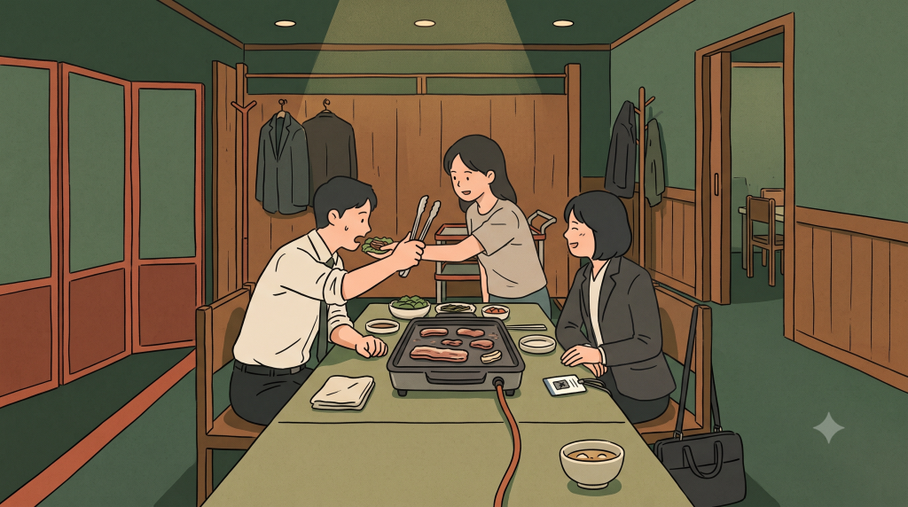Ssam Culture at an office dinner as one coworker offers a finished wrap to the person still cooking meat at the table.