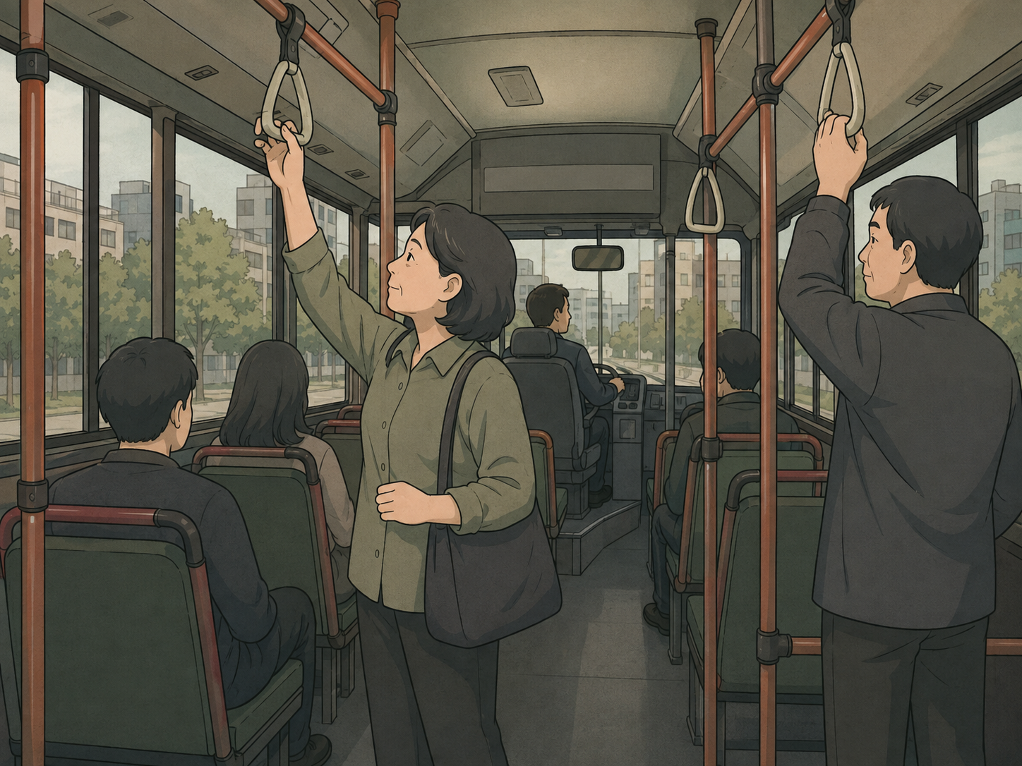 A Korean woman and man holding hand straps inside a city bus
