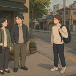 A Korean middle-aged woman and man beside a visitor learning the ajumma meaning