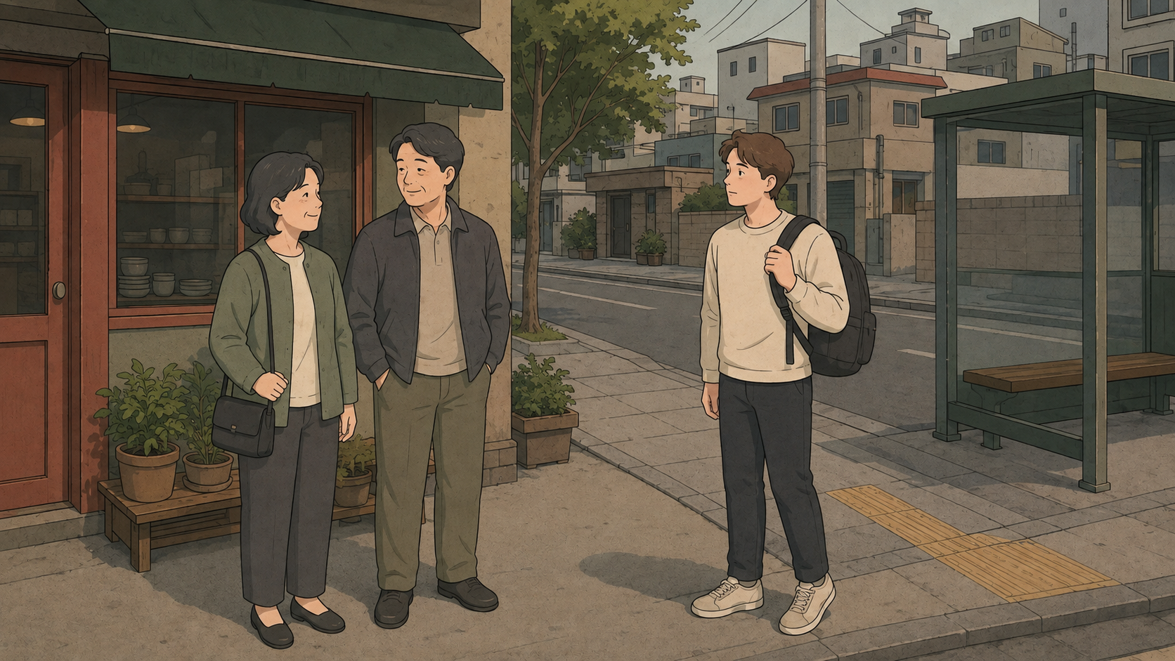 A Korean middle-aged woman and man beside a visitor learning the ajumma meaning