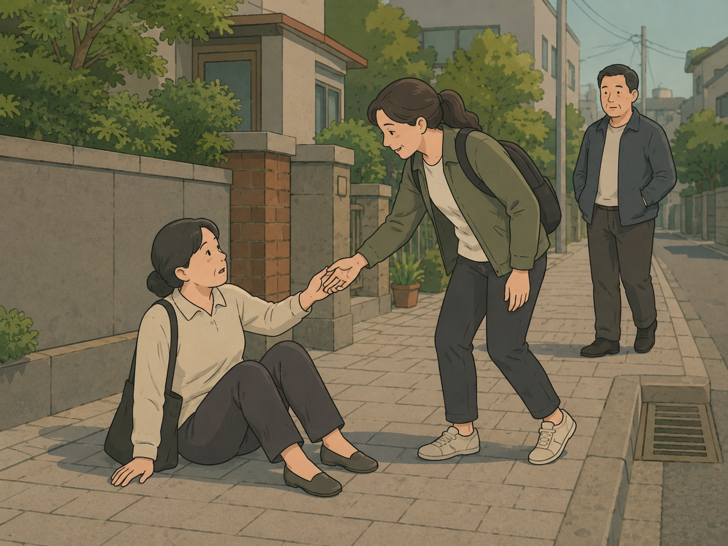 A visitor helping an unfamiliar Korean woman who has fallen on the sidewalk