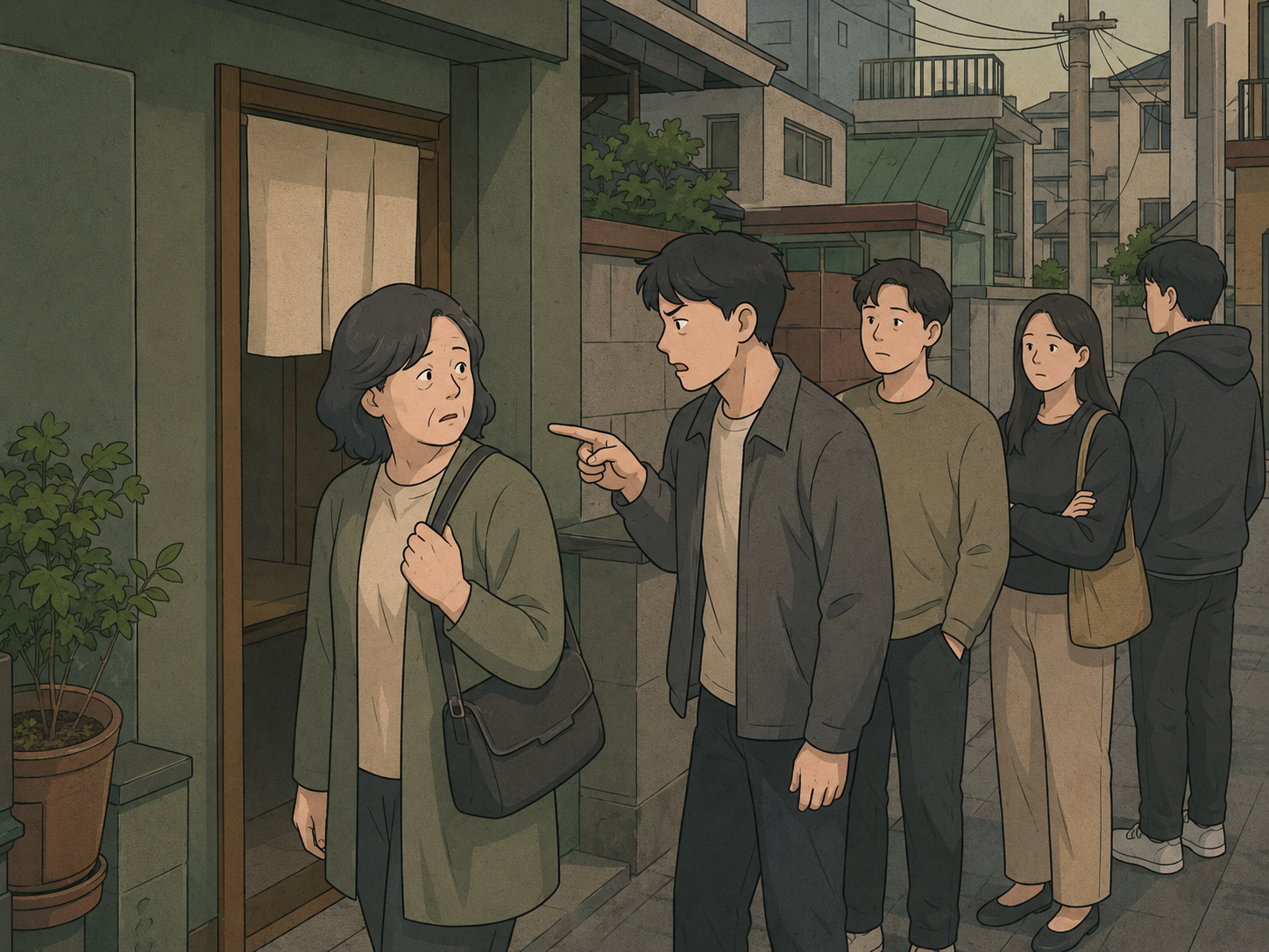 A woman reacting uncomfortably to a sharp gesture during a dispute in Korea