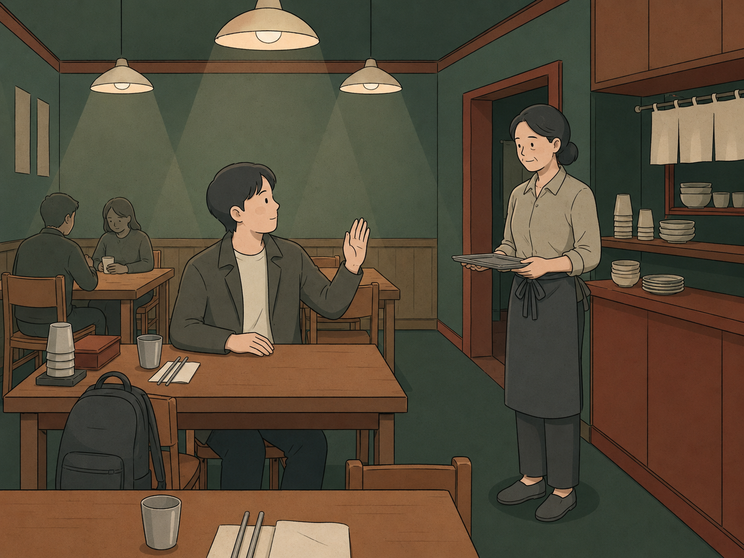 A visitor politely getting a Korean restaurant server’s attention