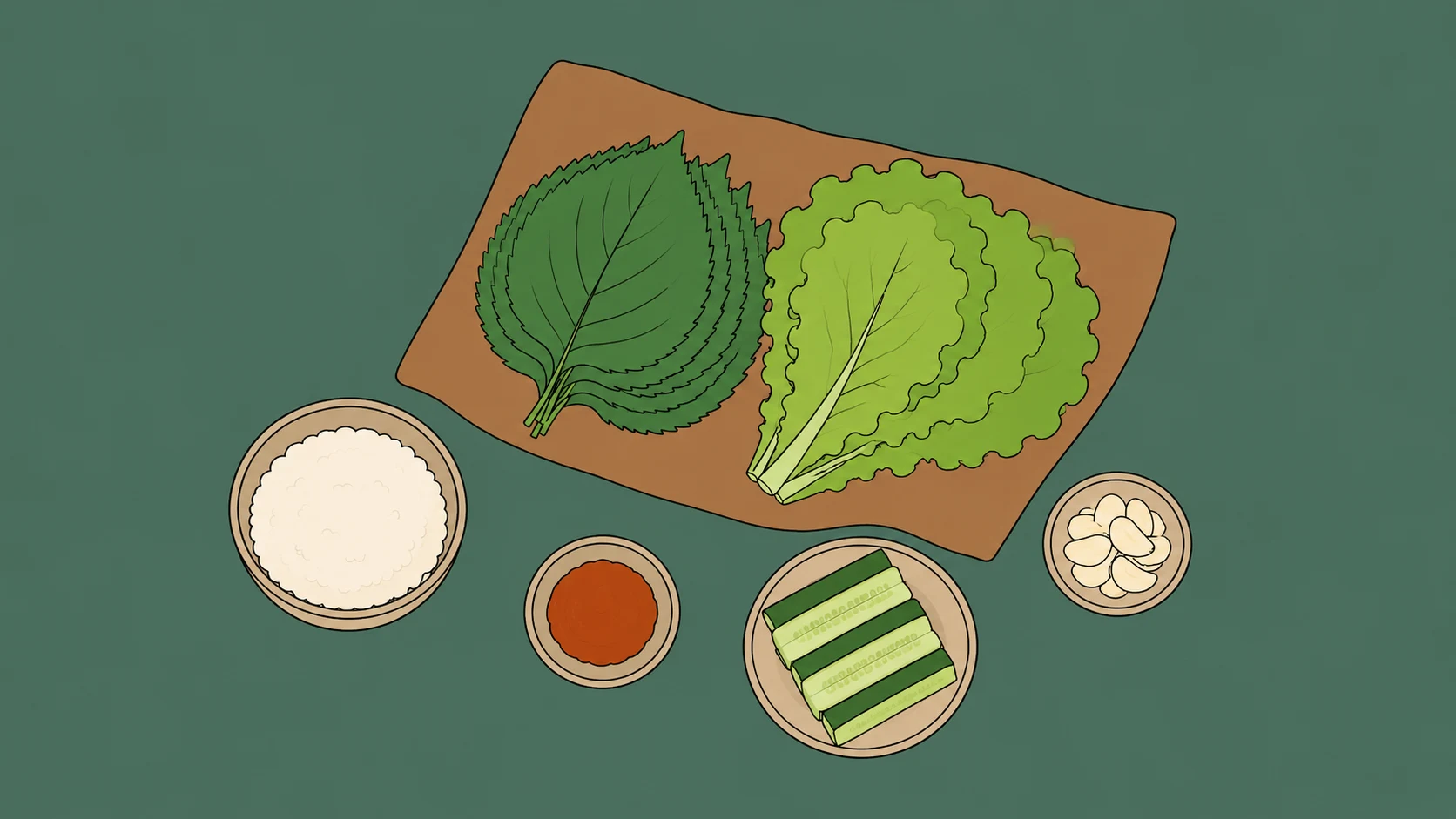 An open tray of leaves, rice and simple fillings presents the flexible ingredients of ssam culture.