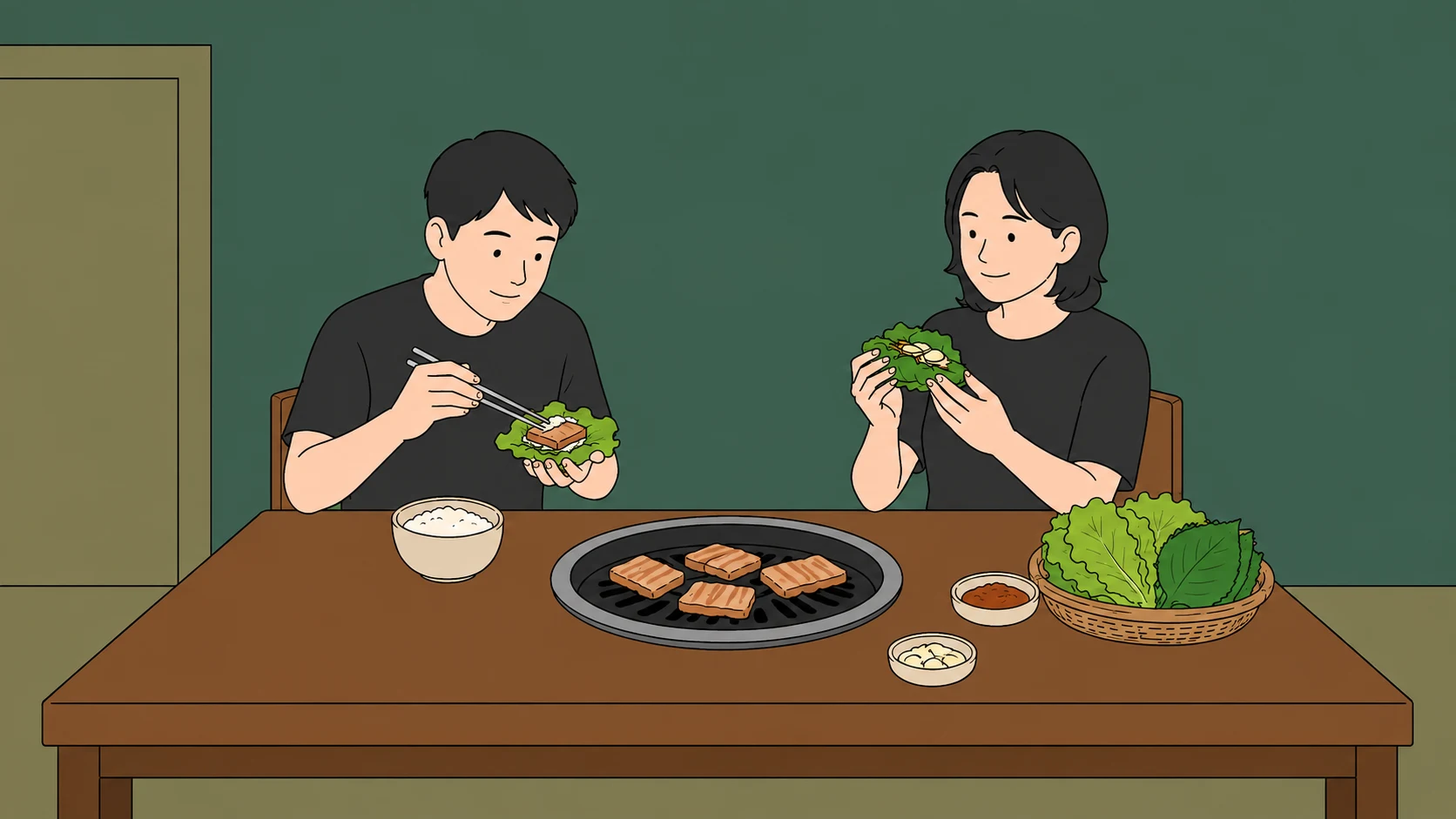 Two diners build different lettuce wraps at one barbecue table, showing the personal choices within ssam culture.