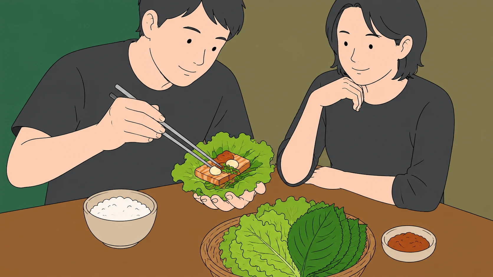 A first-time diner handles a large lettuce wrap with chopsticks while learning how ssam culture works.