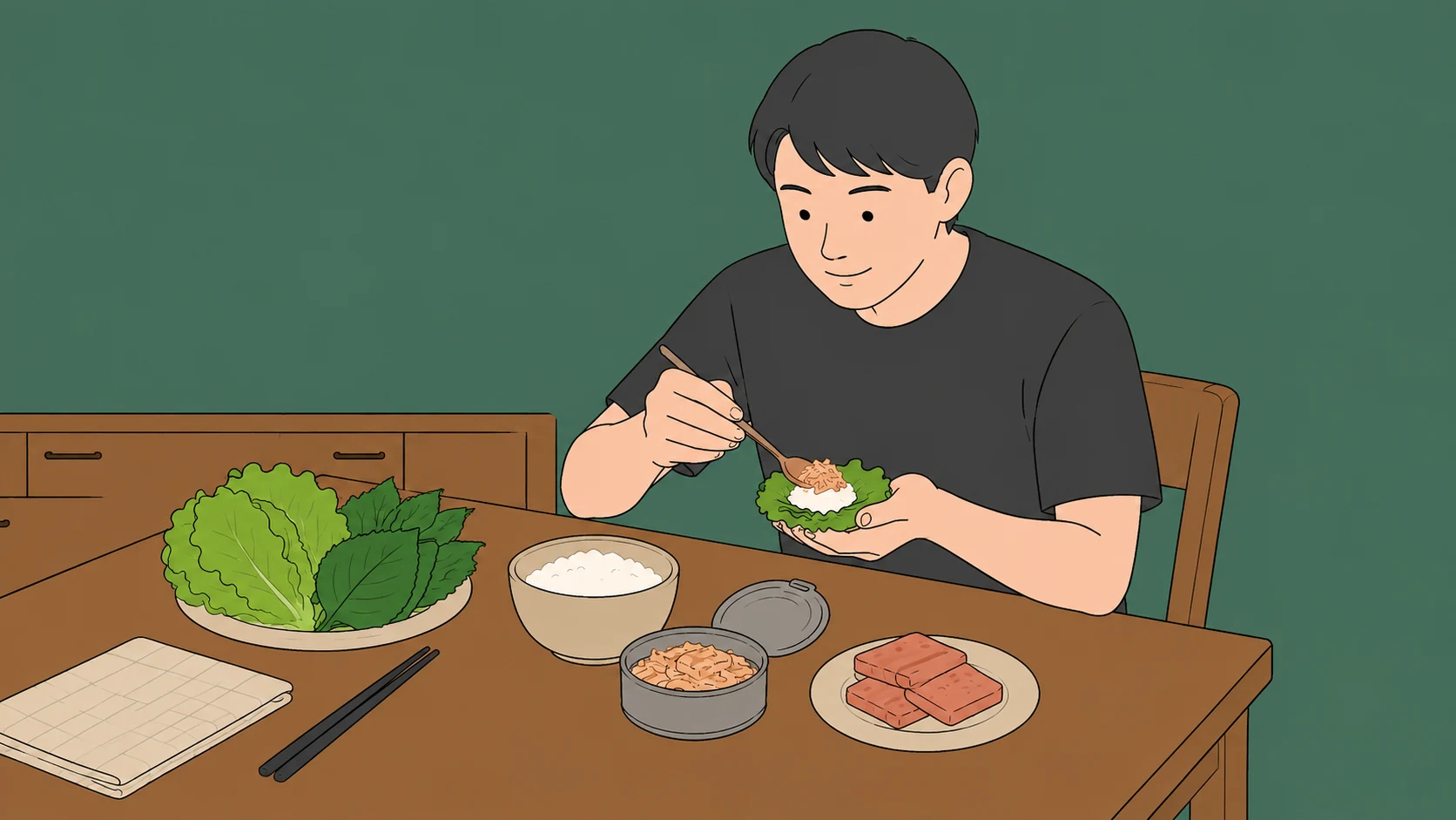 A home diner makes a lettuce wrap with rice and tuna, showing the everyday side of ssam culture.