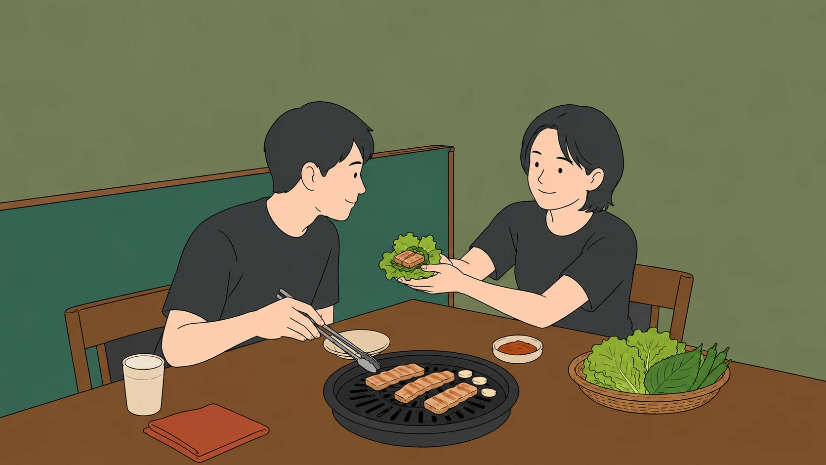 One diner offers a prepared wrap to the person grilling meat, a caring gesture in Korean ssam culture.