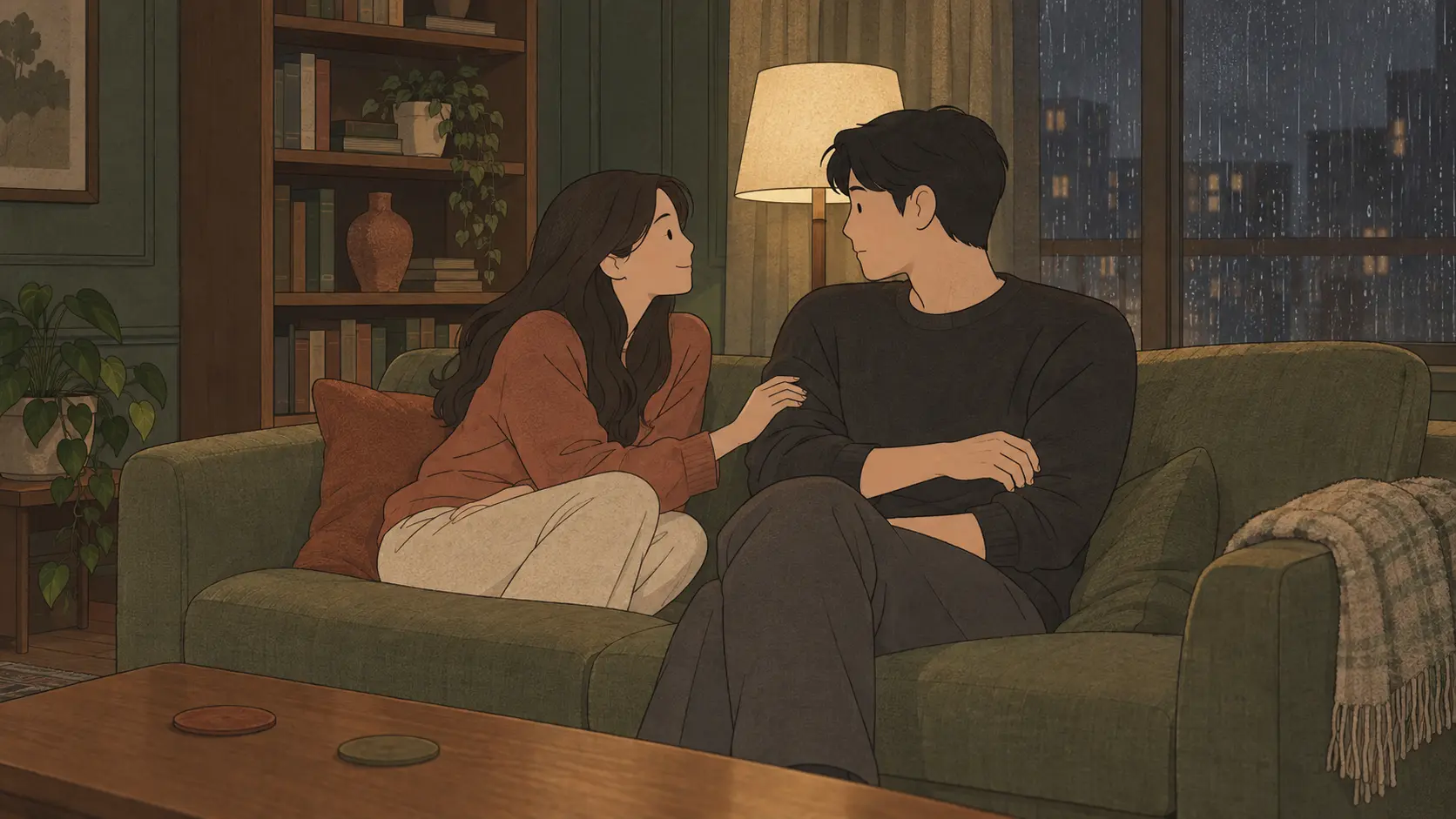 Aegyo meaning in daily life as a woman smiles and touches her partner's arm during a quiet evening.
