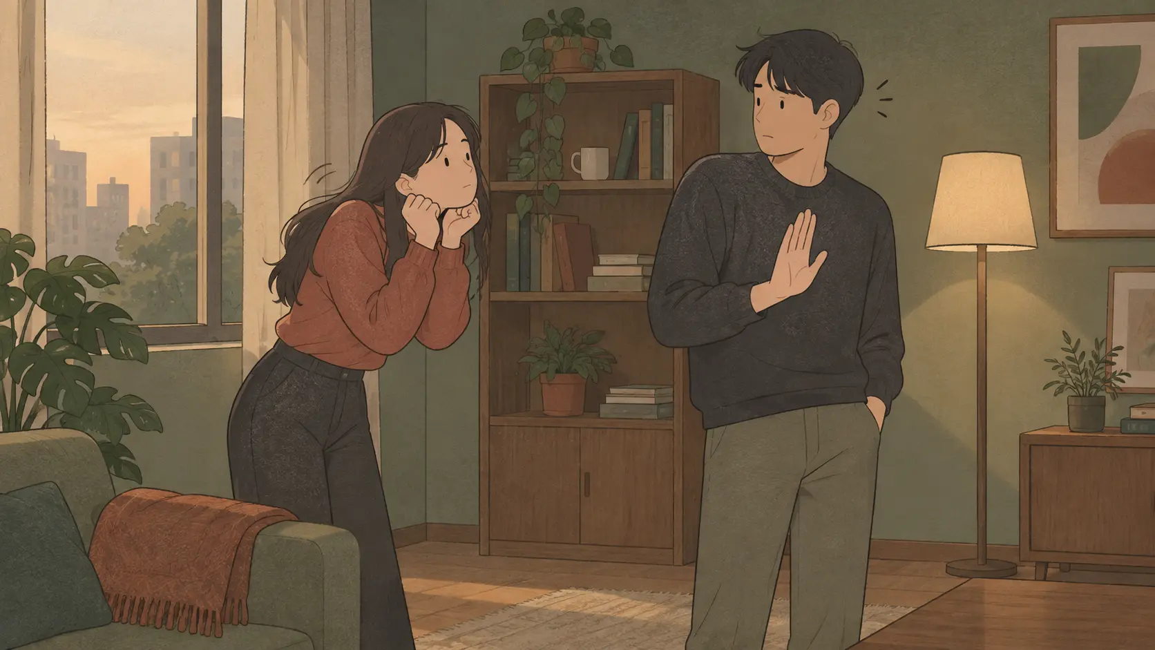 Aegyo meaning contrasted as a woman poses cutely while a man raises his hand in discomfort.