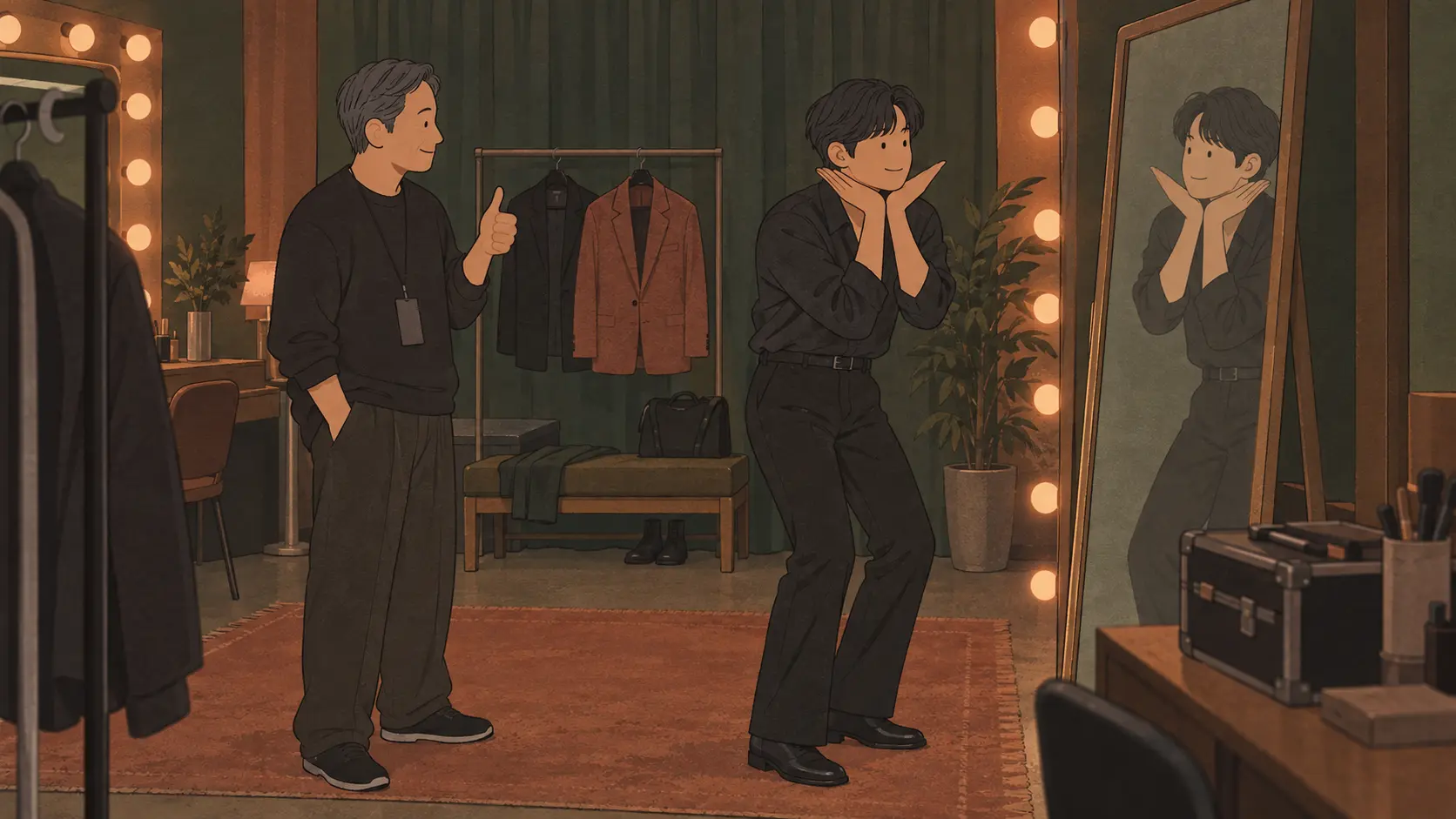 Aegyo meaning shown by a male performer practicing a flower pose in a backstage dressing room.