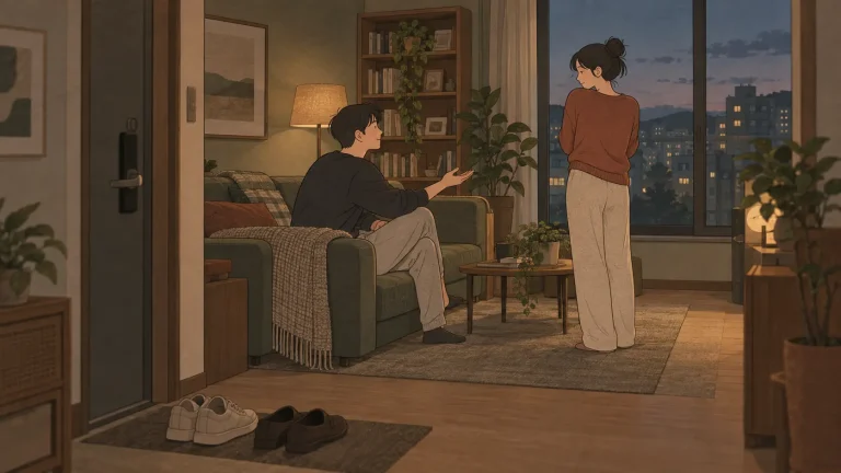 Aegyo meaning shown by a couple easing a tense conversation in a warm apartment at dusk.