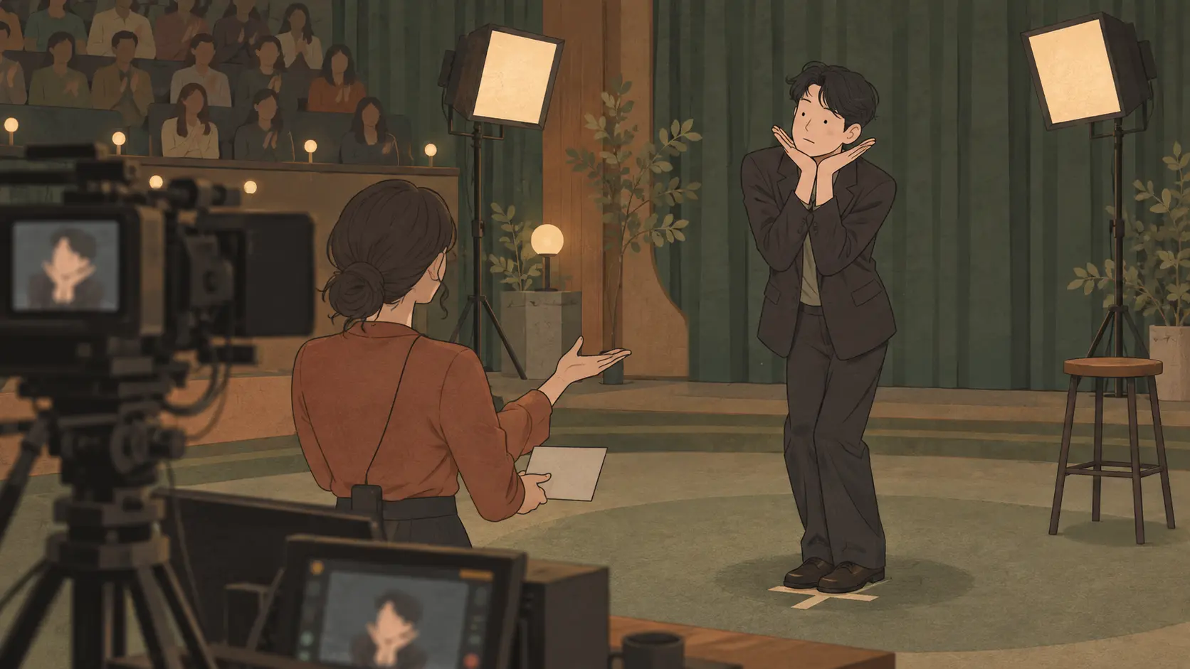 Aegyo meaning amplified for television as a male performer makes a flower pose under studio lights.