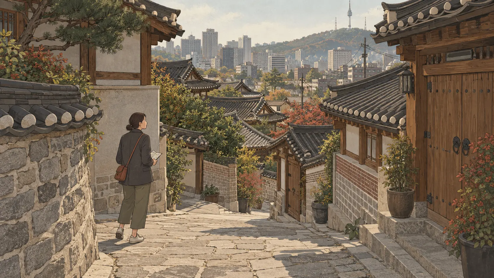Bukchon vs Eunpyeong Hanok Village begins with a traveler walking down a narrow Bukchon alley toward modern Seoul.